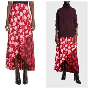Lela Rose Red Burgundy Floral-Print High-Low Maxi Skirt Size 12 Dopamine Chic
